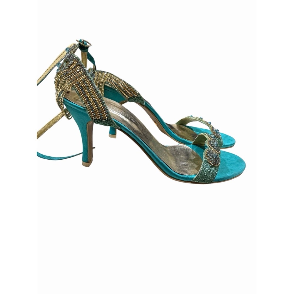 Sergio Rossi Vintage Turquoise Beaded Kitten Heel Sandals Luxury Glam Blue 8